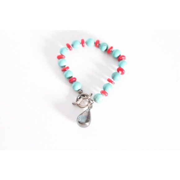 Ladies 925 Sterling Silver Turquoise Blue Red Stone Knot Teardrop Charm Bracelet - Picture 1 of 5